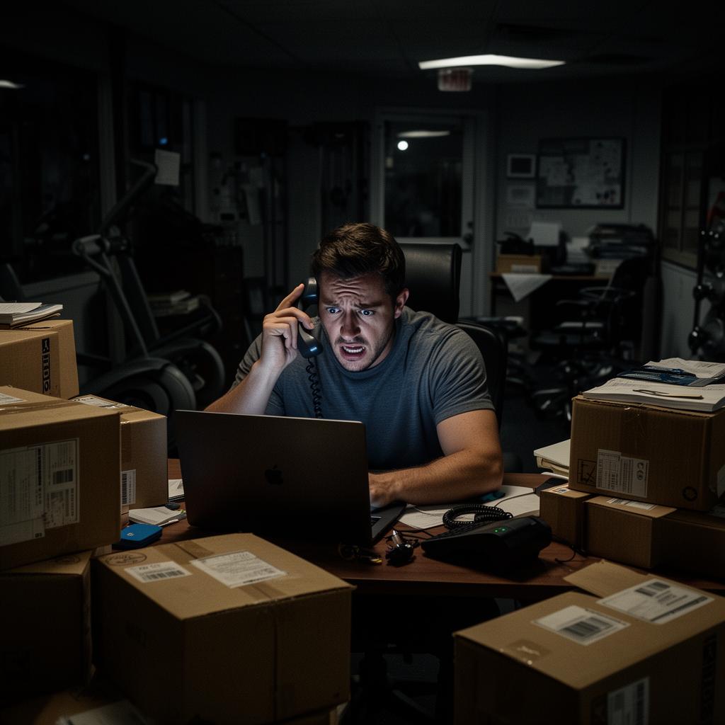 Gym owner surrounded by unsold merch boxes late at night